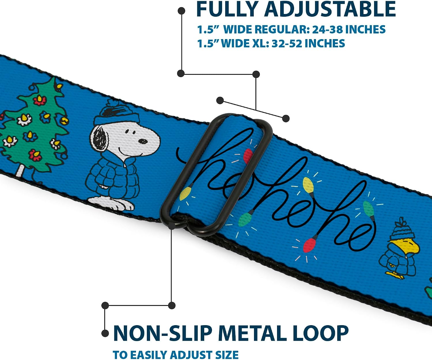 Peanuts Belt, Seatbelt Buckle Belt, Snoopy and Woodstock Holiday Puffer Jacket Ho Ho Pose Blue, Adjustable