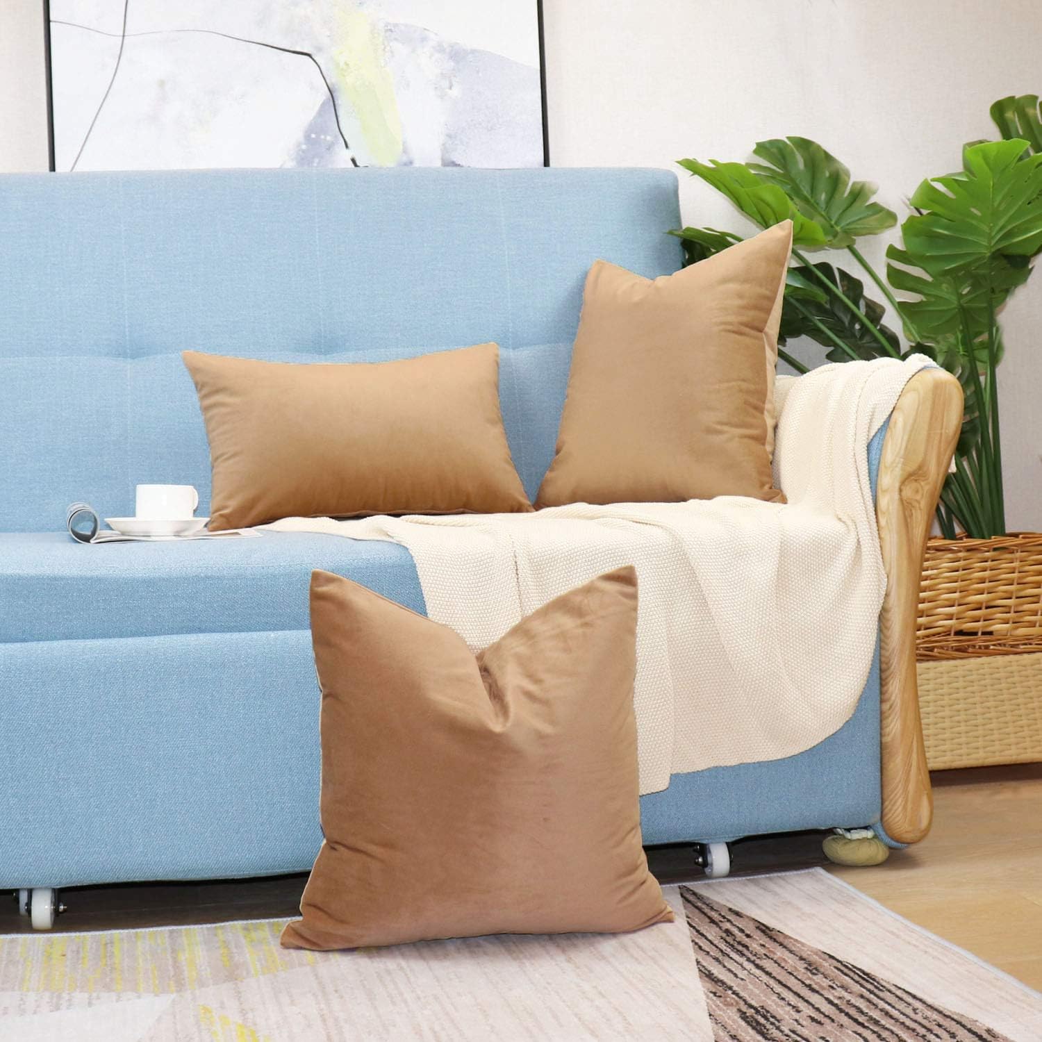 sykting Decorative Pillow Covers Solid Soft Cozy Velvet Throw Pillow Covers for Bed Couch Chair 20x20 inch Pack of 2 Tan