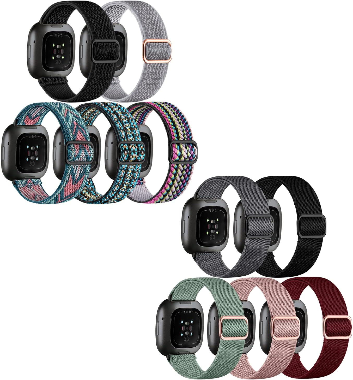 10 Pack for Fitbit Versa 3 Bands/Fitbit Versa 4 Band/Fitbit Sense Bands for Men Women, Adjustable Stretchy Solo Loop Elastic Nylon Sport Strap for SmartWatch Replacement