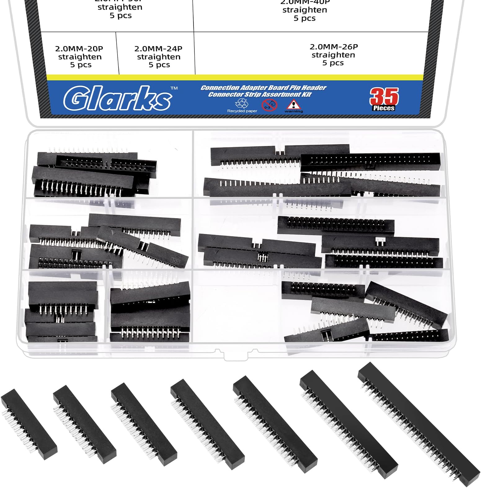 Glarks 35pcs 20/24/26/30/34/40/50 Pin 2mm Pitch Dual Row Straight Box Header Kit, 7 Sizes IDC Socket Connector, IDC Box Headers, Dual Pin Box Headers for PCB Electronic Equipment Projects