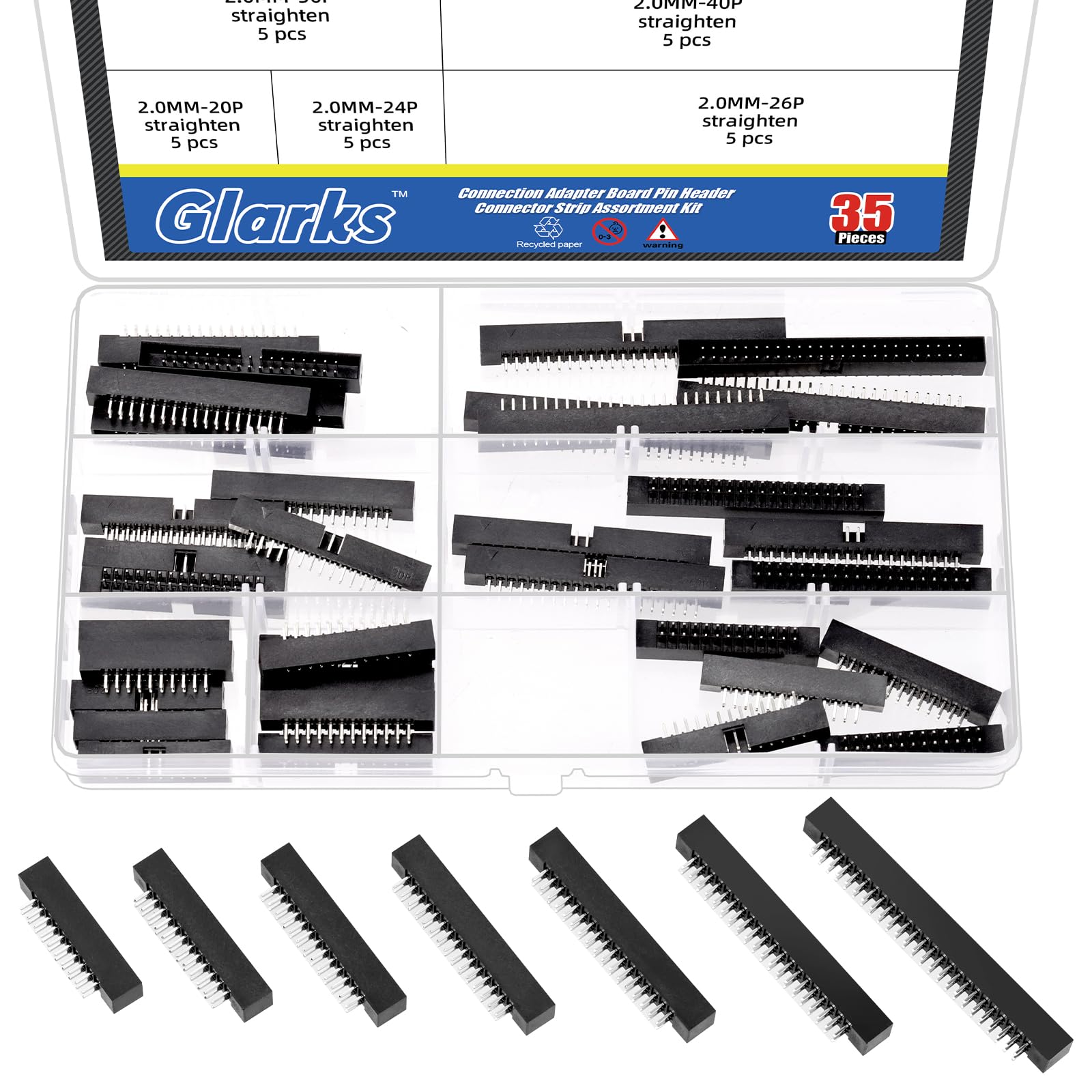 Glarks 35pcs 20/24/26/30/34/40/50 Pin 2mm Pitch Dual Row Straight Box Header Kit, 7 Sizes IDC Socket Connector, IDC Box Headers, Dual Pin Box Headers for PCB Electronic Equipment Projects