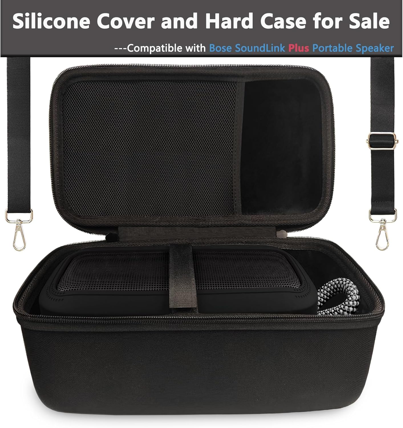 JCHPINE Silicone Cover and Hard Carrying Case for Bose SoundLink Plus Speaker, Protective Silicone Case with Handle and Shoulder Strap (Black Case) - Image 2