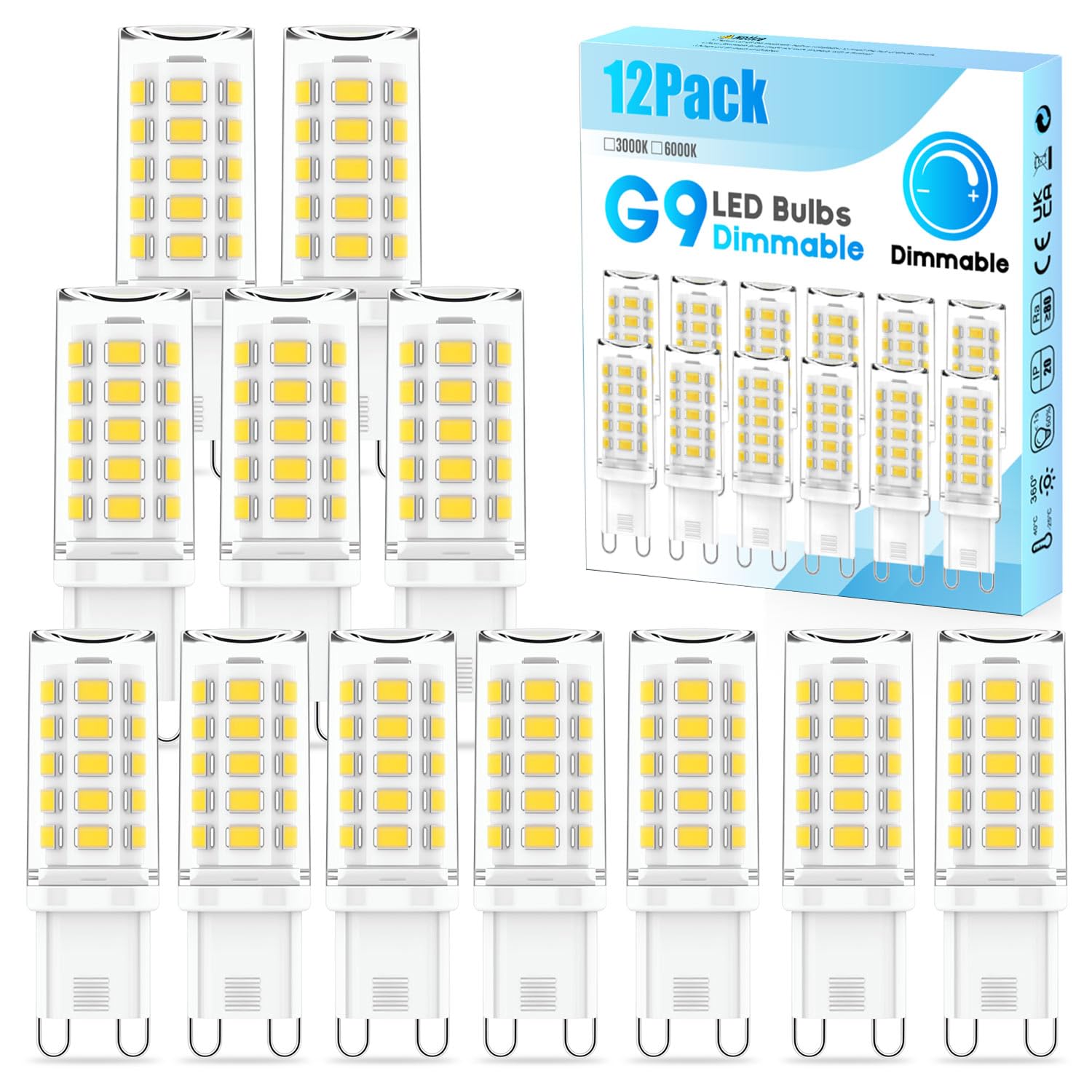 KALAHOL Dimmable G9 LED Light Bulbs 12 Pack Cool White 6000K, 4W 400LM No Flicker, Equivalent to 40W Halogen, Energy Saving Bulbs for Home, Office, Decoration, Lighting Decor and More