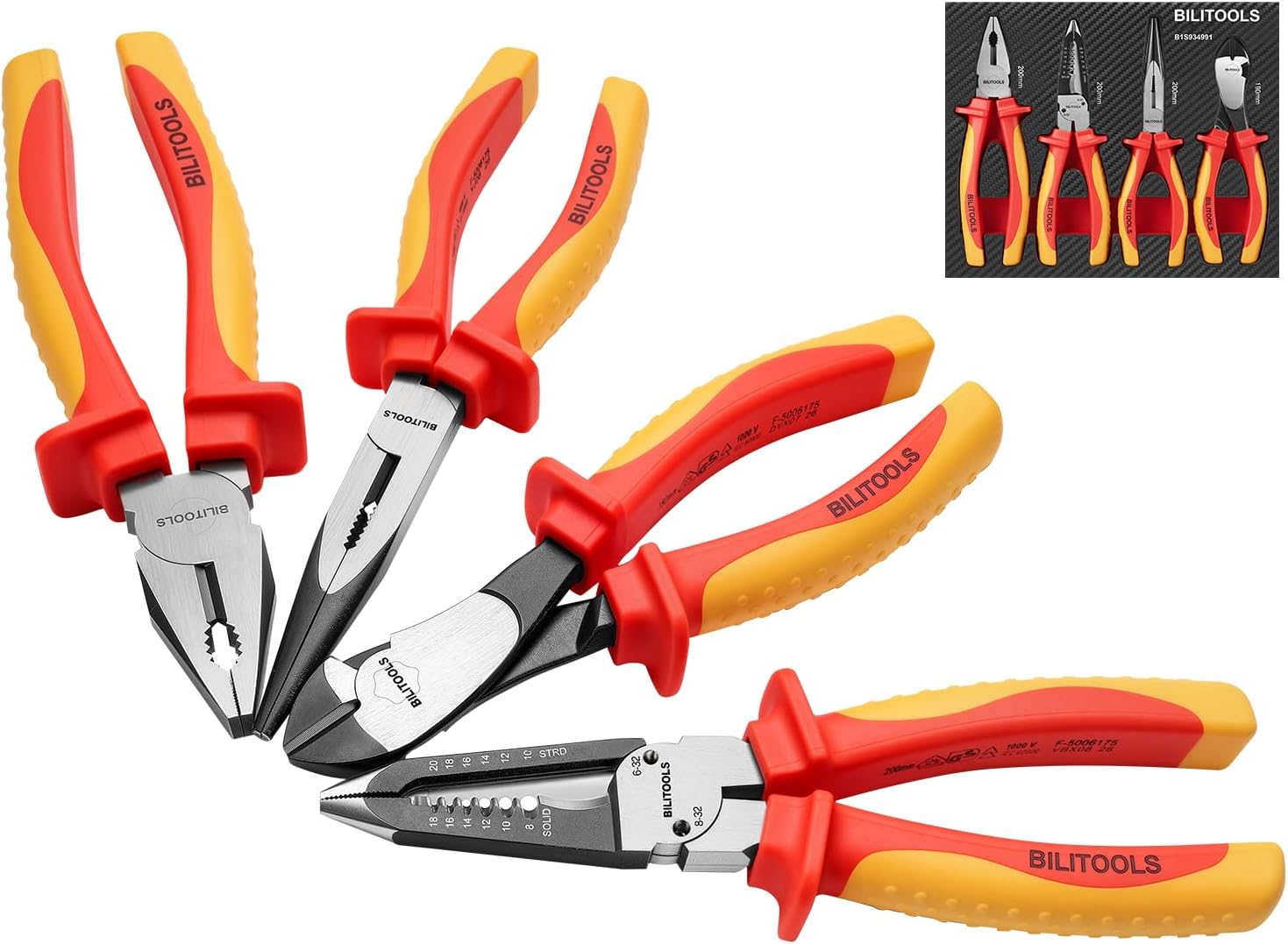 BILITOOLS 4PCS 1000V Insulated Pliers Set, Cr-Mo Electrician Pliers