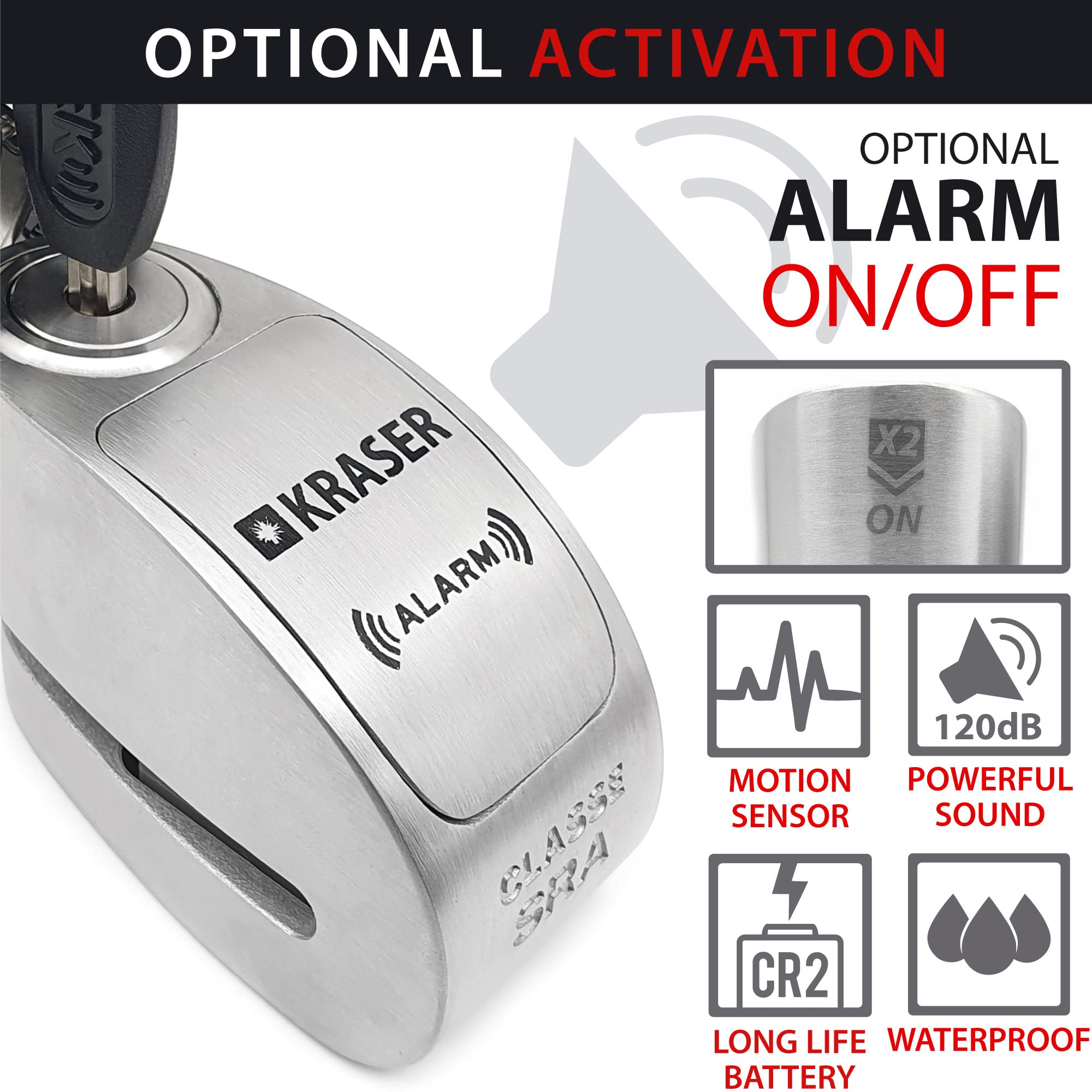 KRASER KR10S Blocaddisco Moto con Allarme 120dB, Doppia Chiusura ø10mm, Omologato SRA, Serratura Alta Sicurezza Antistrappo, Impermeabile, Filo Promemoria, Lucchetto Antifurto per Moto Blocca Disco