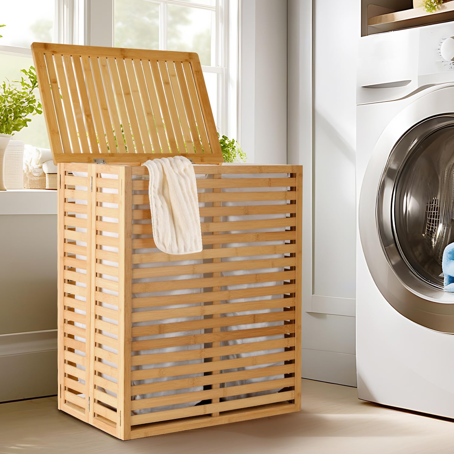 Laundry Hamper with Lid, Bamboo Laundry Basket with 2-Section Removable Liner Bag, Foldable Clothes Hamper for Laundry Room, Bathroom, Bedroom