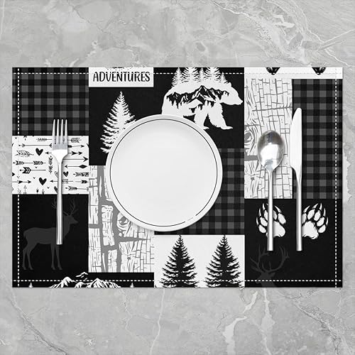 Miniatura 6 de Lodge - Juego de 4 manteles individuales de 12 x 18 pulgadas, diseño retro de rayas de madera con cuadrícula negra y roja, para niños, adolescentes,