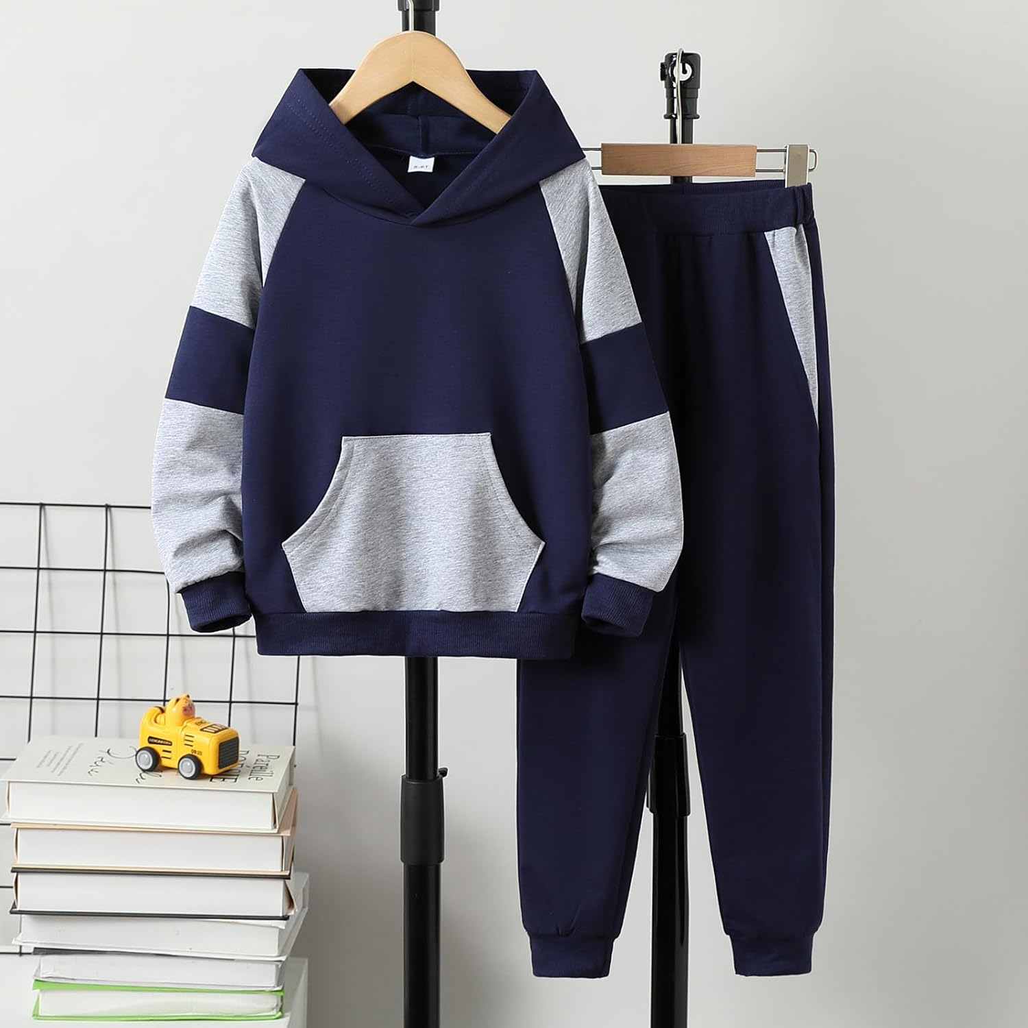 5-11Y Boys Clothes Long Sleeve Hooded Pullover Colorblock Sweatshirt + Pants 2pcs Fall Winter Outfit Set - Image 5