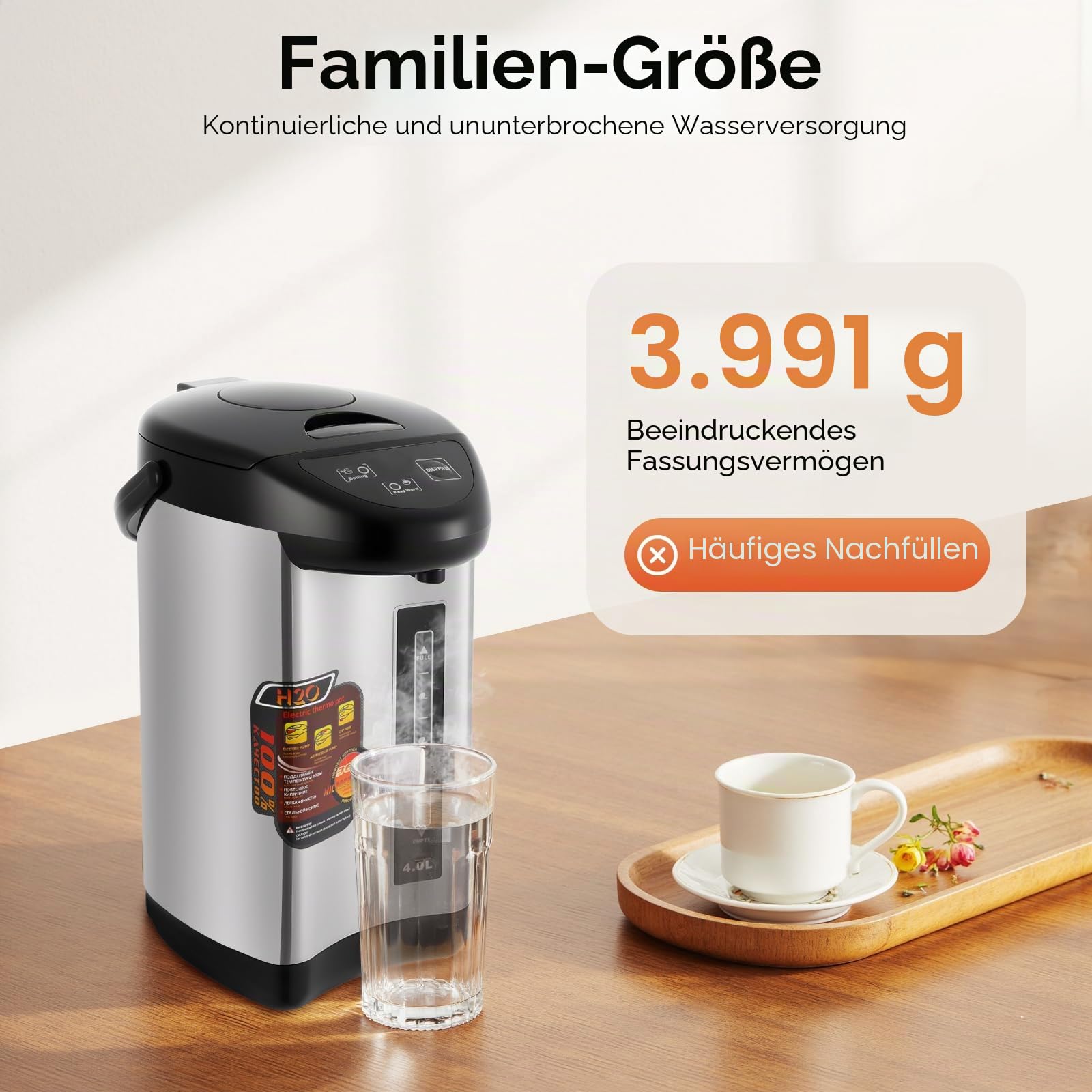 Elektrische Thermokanne 4 Liter Wasserspender Heißwasserspender Wasserkocher Teekanne 750 W Edelstahl Wasserkocher Thermoskanne Heisswasserspender (Schwarz)