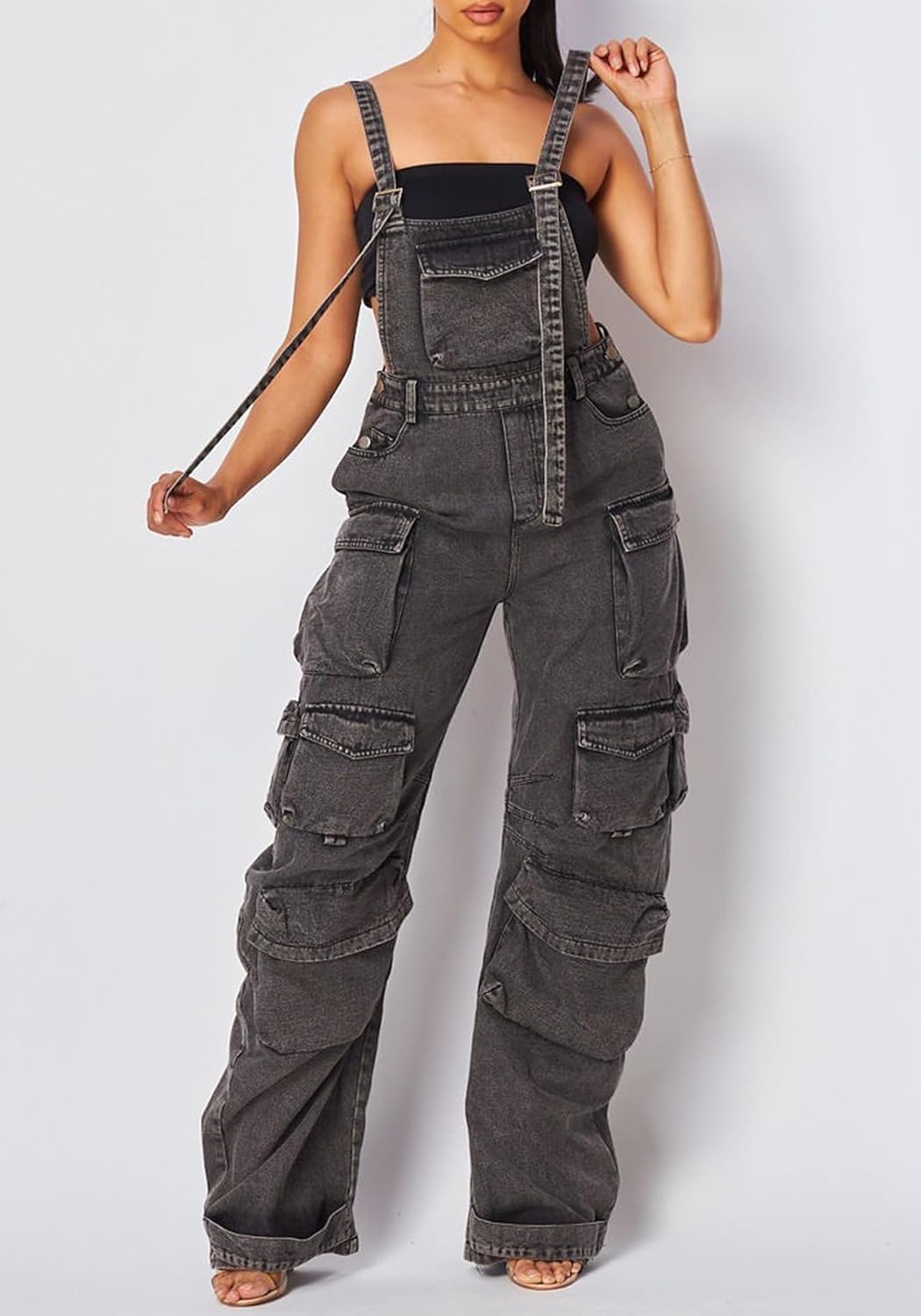 LETSVDO Women's Cargo Denim Overall Jumpsuit Wide Leg Bib Loose Baggy Stretch Casual Jean Overalls Romper Cargo Pants - Image 3