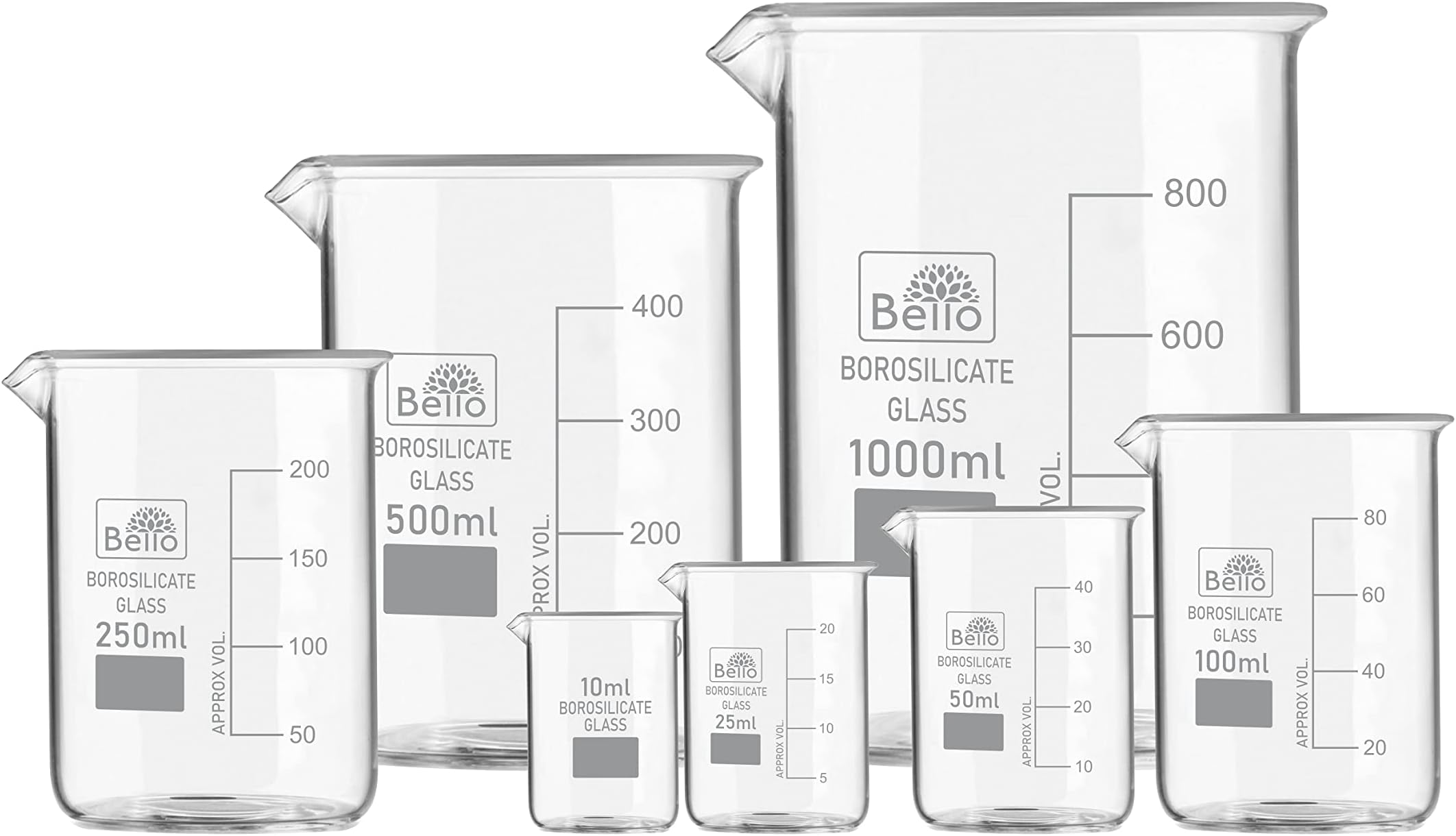 Bello Borosilicate 3.3 Glass Beaker 10ml, 25ml, 50ml, 100ml, 250ml, 500ml, 1000ml with Graduation Marks, Set of 7 For cosmetics perfume making, lab laboratory