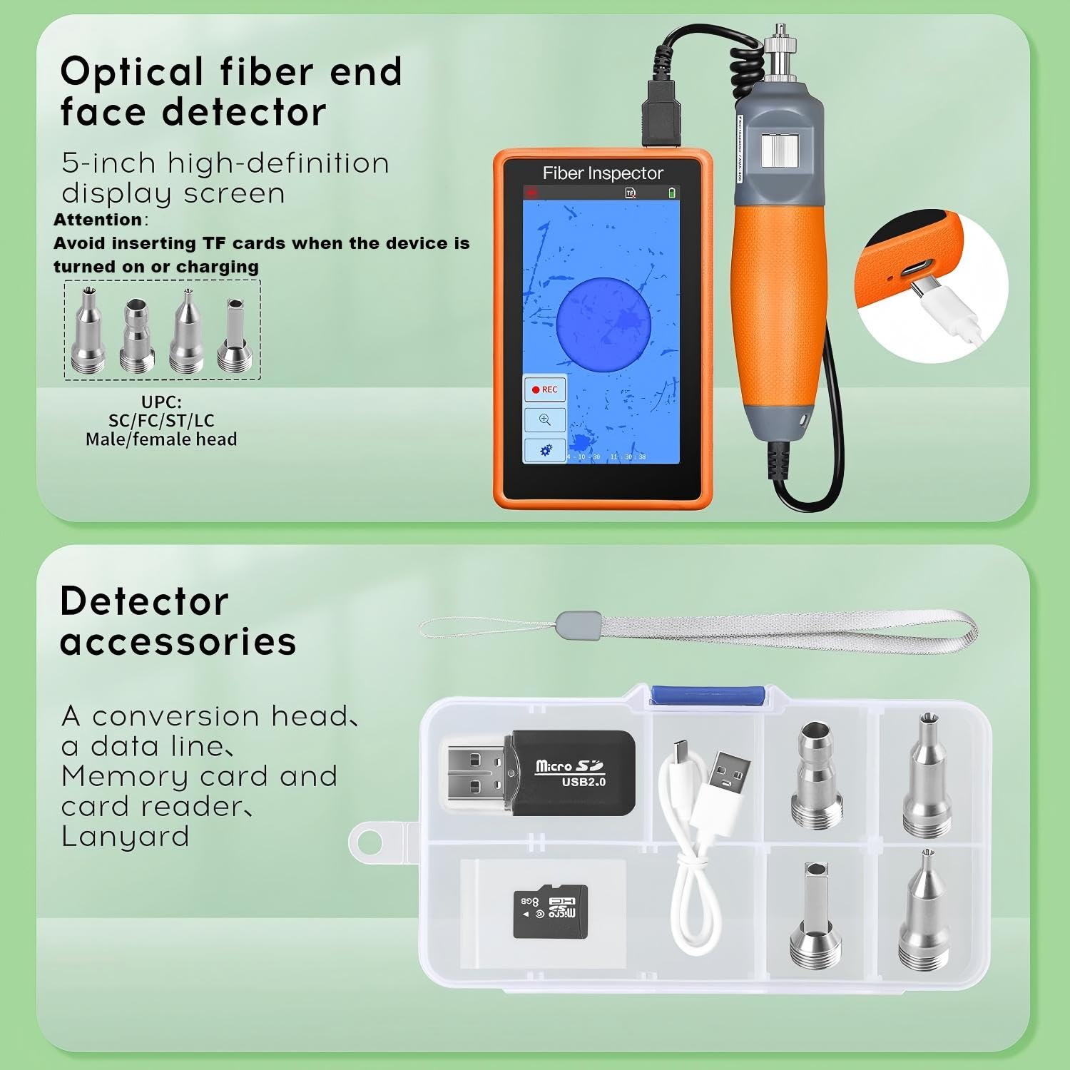 14 in 1 Fiber Cleaning kit Fiber Optic Inspector Video Probe 400x Fiber Microscope for SCUPC FCUPC STUPC LCUPC Interface MPO/SC/LC Fiber Optic Cleaning Pen/Box dust-Free Paper FTTH Tool kit