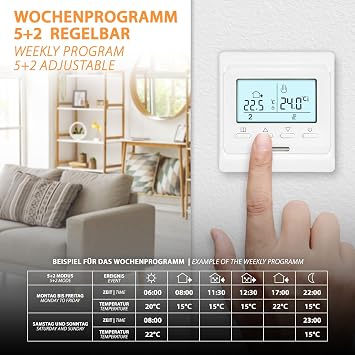 E51 Digital Thermostat Room Controller with Floor Sensor Illuminated Display 7-Day Weekly Program for Electric Underfloor Heating and NC Actuators