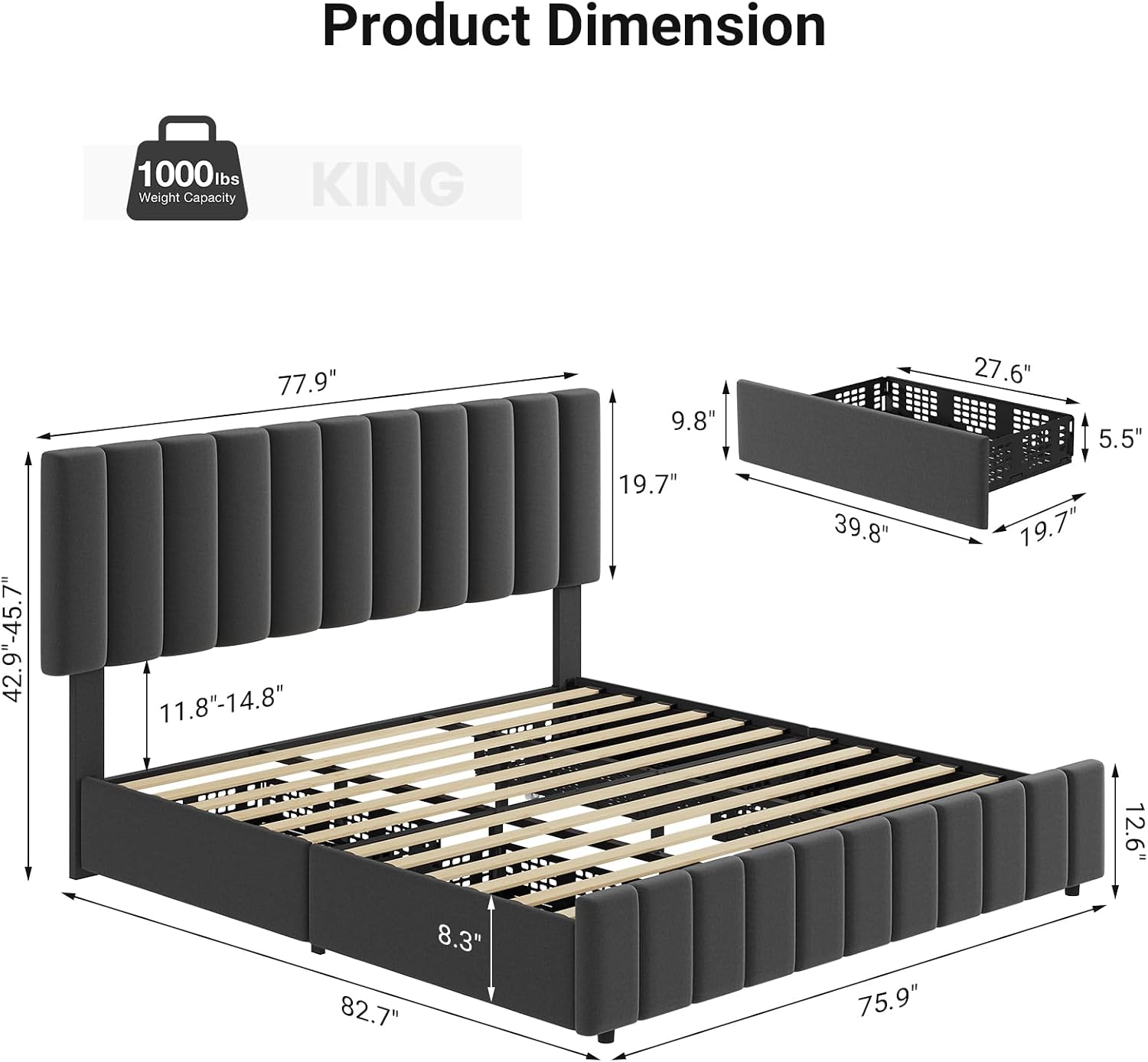IDEALHOUSE King Linen Upholstered Bed Frame with 4 Storage Drawers, Adjustable Headboard and Wooden Slats Support, No Box Spring Needed, Grey