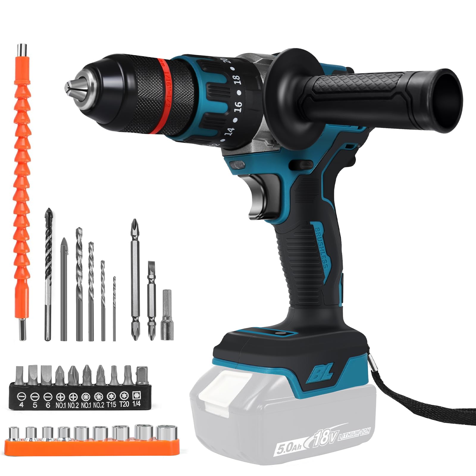 Taladro atornillador inalámbrico compatible con batería de litio Makita de 18 V, 120 Nm, atornillador de impacto sin escobillas con 20 + 3 niveles de torsión, portabrocas de 13 mm, luz de trabajo LED