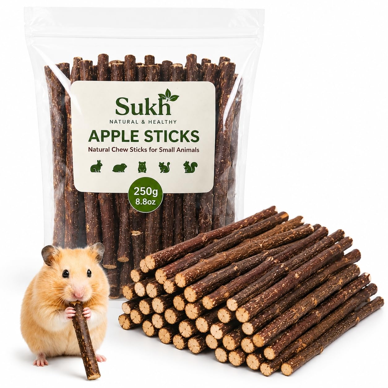 Sukh Natural Organic Apple Sticks - 250g Chew Sticks for Small Animals | Chew Toys for Hamsters, Rabbits, Guinea Pigs, Gerbil