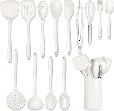 HaWare Kitchen Utensils, 14 PCS Silicone Cooking Utensils Set, Heat Resistant Kitchen Utensils for Non-stick Cookware, Kitchen Gadgets Tools with Spoons, Spatulas, Whisk, Dishwasher Safe White