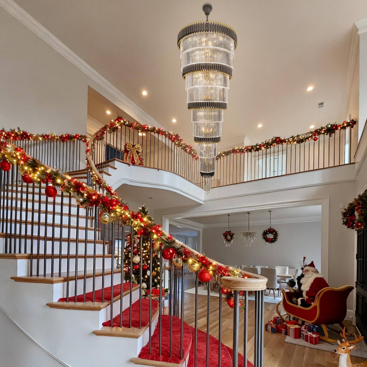 Extra Large Staircase Chandeliers 9-Tier Black and Gold Chandelier Luxury Long Crystal Chandelier Lighting for High Ceiling Foyer Entryway Grand Hotel Lobby 31-Light H84 x W40