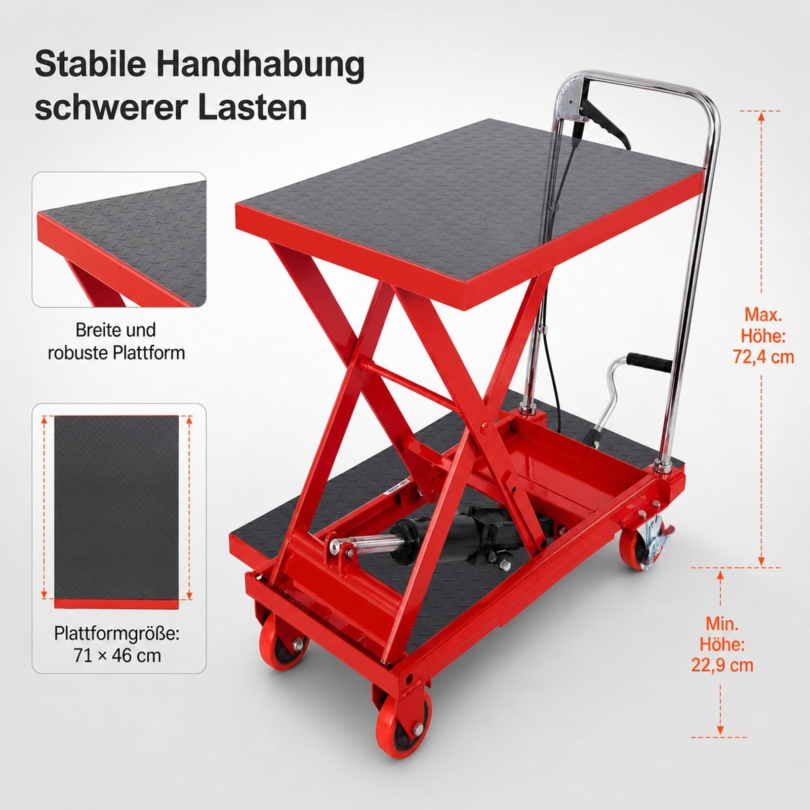 Hydraulischer Hubtischwagen, 500 lbs Traglast, manueller Scherenhubtisch, 4 Räder, rot, für Materialtransport und Handhabung