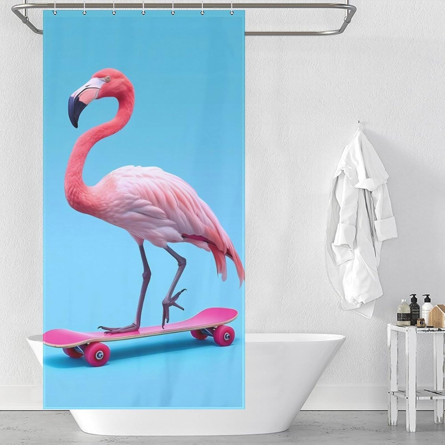 Flamingo on Skateboard Funny Shower Curtains Washable Bath Curtain Liner with Hooks for Bathroom Bath Tubs