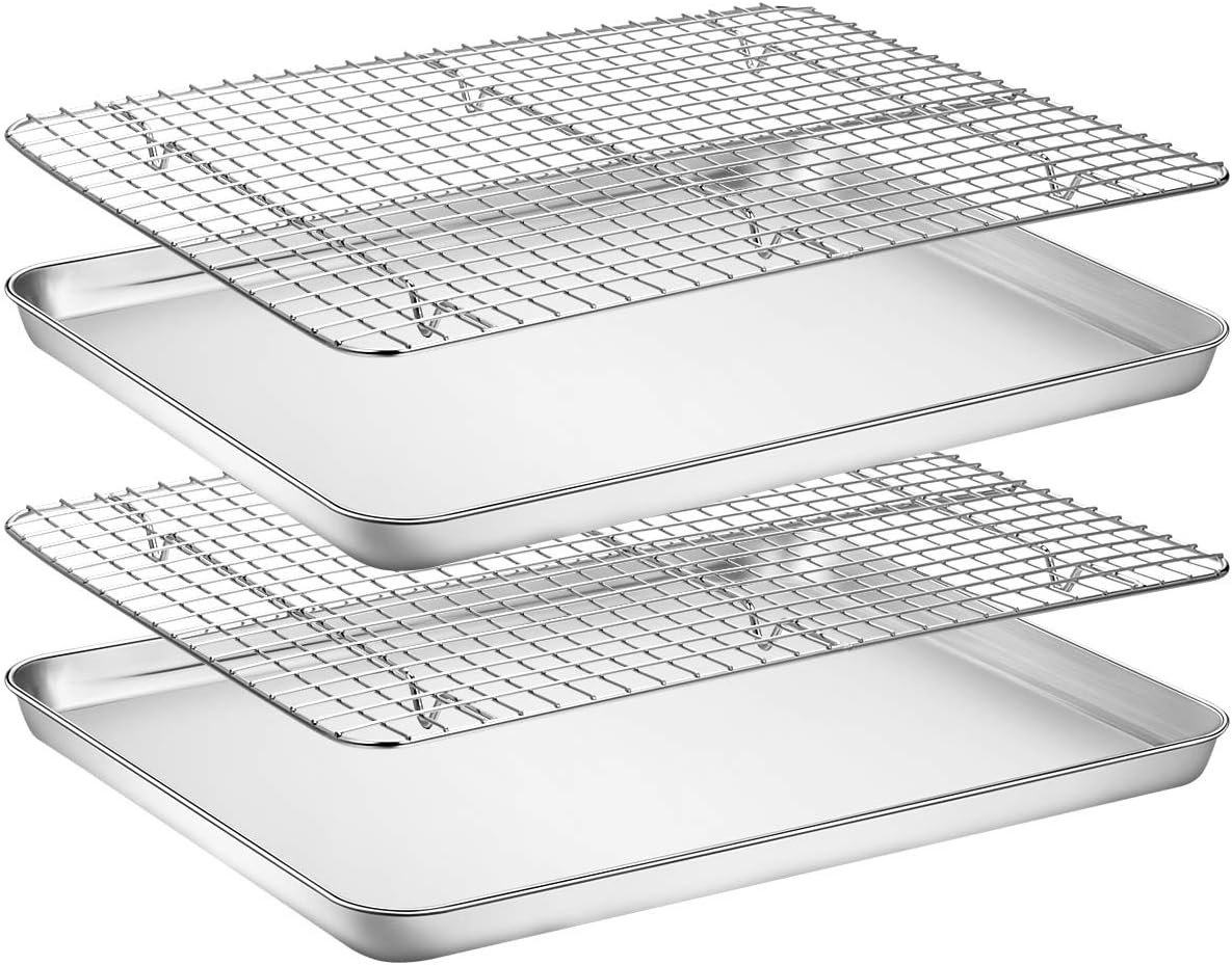 Baking Sheet with Rack Set [2 Pans + 2 Racks], Stainless Steel Cookie Sheet Baking Pan Tray with Cooling Rack, Size 16 x 12 x 1 Inch, Non Toxic & Heavy Duty & Easy Clean