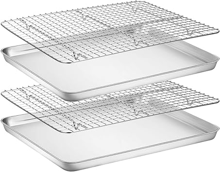Baking Sheet with Rack Set [2 Pans + 2 Racks], Wildone Stainless Steel Cookie Sheet Baking Pan Tr...