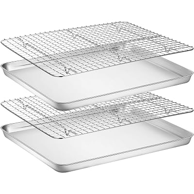 Baking Sheet with Rack Set [2 Pans + 2 Racks], Wildone Stainless Steel Cookie Sheet Baking Pan Tray with Cooling Rack, Size 18 x 13 x 1 Inch, Non Toxic & Heavy Duty & Easy Clean
