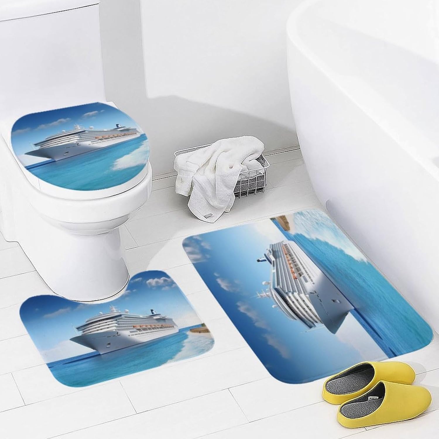 Anti-Skid Floor Mats 3 Piece Set,Seaside Cruise Ship Printed Coral Fleece Bathroom Mats U-Shaped Contour Mat Toilet Seat Cover for Bathroom, Tub, Shower, Kitchen 19.7"x31.5"
