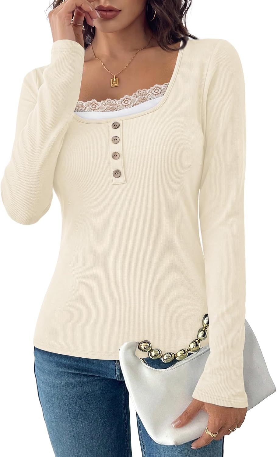 WIHOLL Women's Tops Dressy Casual Long Sleeve Shirts for Women Cream S