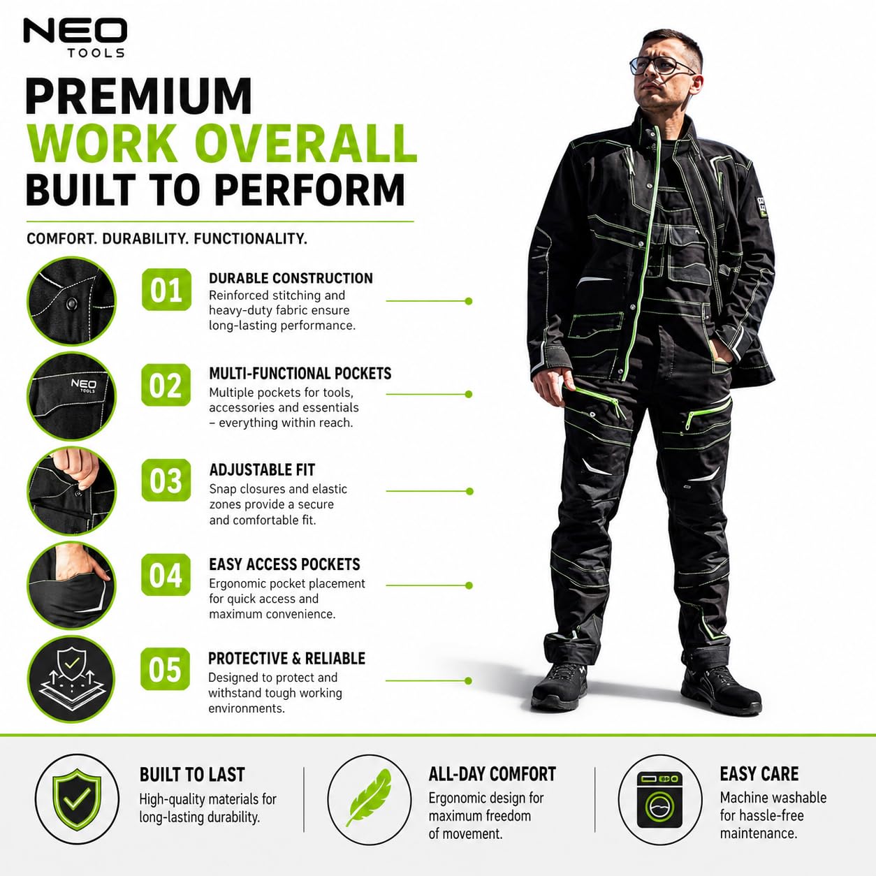 NEO TOOLS Pantalon à bretelles Pro de qualité supérieure, 100% toile de coton, 425 g/m², renfort en Cordura NYCO sur les poches, les genoux, l'arrière et le bas des jambes