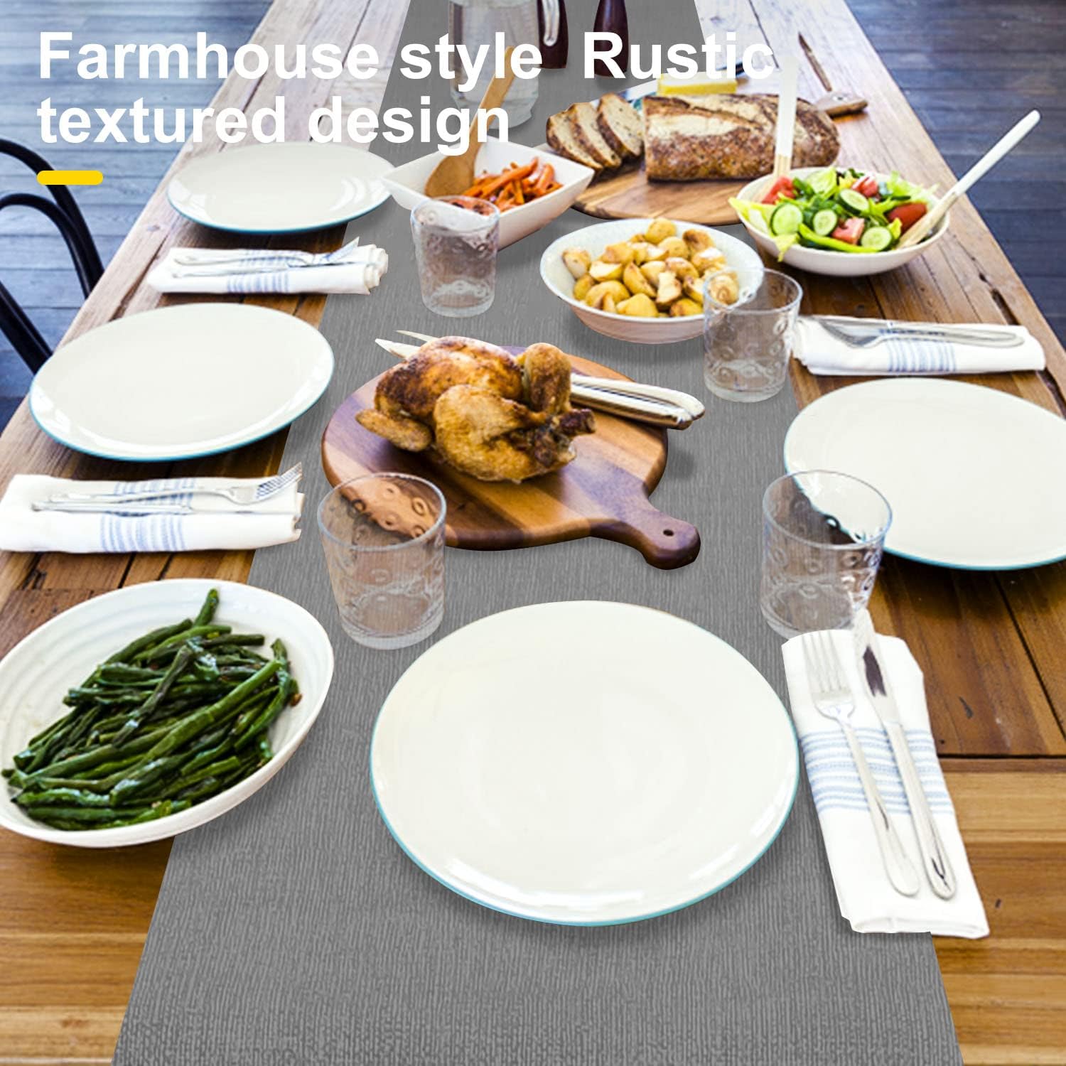 Wipeable Table Runner, Thick Farmhouse Dresser Runner, Rustic for Kitchen, Bedroom, Living Room, Indoor and Outdoor (60'', Grey)
