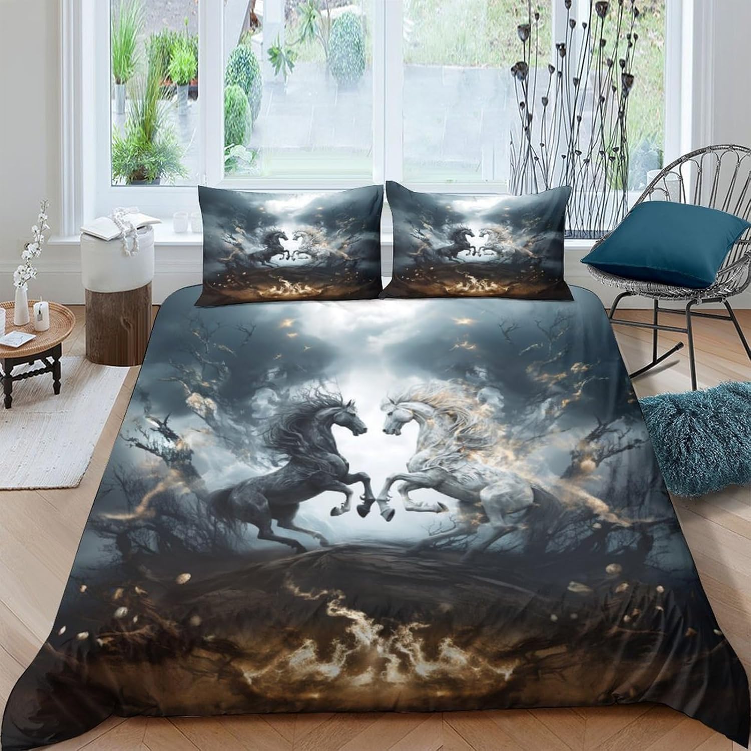 Housse de couette cheval 260x230 cm avec 2 taies d'oreiller lit 2 personnes