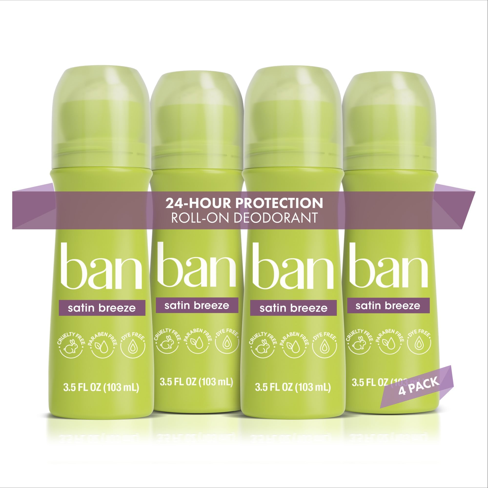 Ban Satin Breeze 24-hour Invisible Antiperspirant, Roll-on Deodorant for Women and Men, Baking Soda Free, Hypoallergenic, For Sensitive Skin, Paraben Free, Cruelty Free, Sulfate Free, 3.5oz, 4-pack
