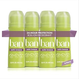 Ban Invisible Roll-on Antiperspirant Deodorant for Women and Men, 24-hour Underarm Odor & Sweat Protection, Satin Breeze, 3.5 Oz, Pack of 4