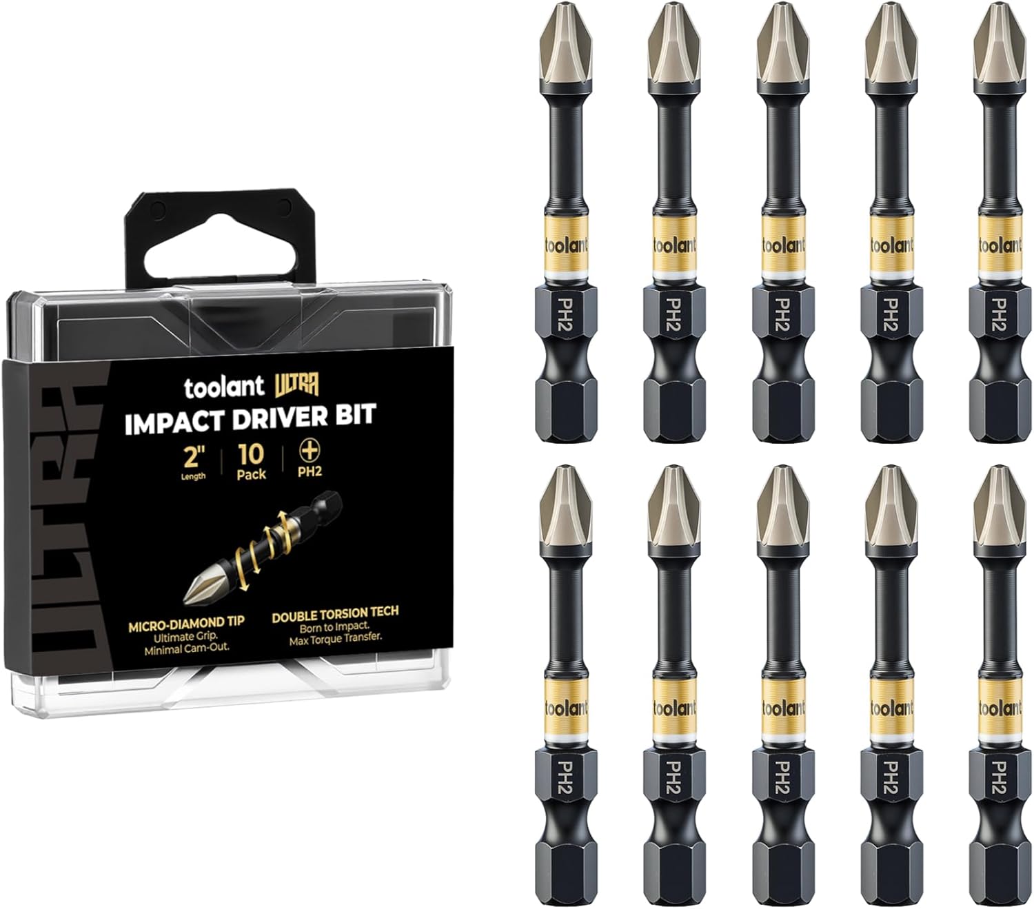 toolant 2 Inch Phillips Bit#2, Magnetic Anti Slip Impact Screwdriver Bits Set, 10pcs Impact Steel X2 PH2 Driver Dit Set with CNC Machined Tips for Impact Driver