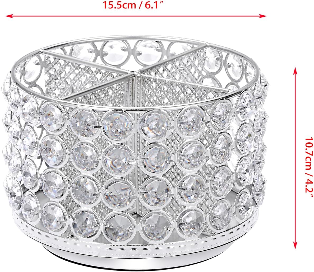 BTSKY Crystal 360 Degree Rotating Desk Organizer Decorative Storage Box with 4 Compartments, Glitter Metal Makeup Brush Holder Elegant Storage Caddy Home Decor Gift for Women, Round-4 Slots Silver