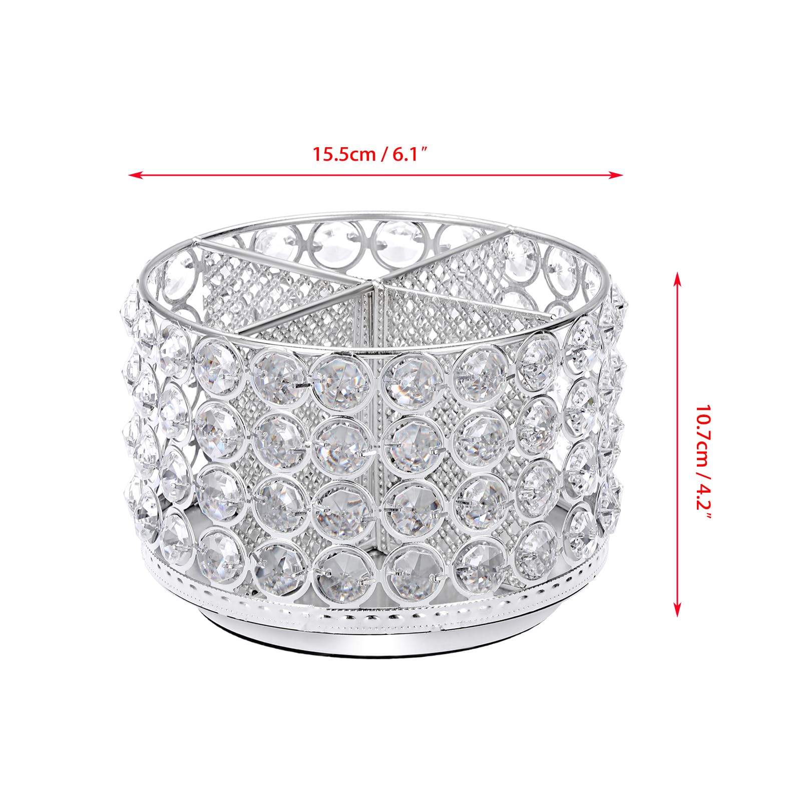 BTSKY Organizer da scrivania in cristallo, girevole a 360 gradi, con 4 scomparti, in metallo glitterato, elegante portaoggetti per la casa, regalo per donne, rotondo, 4 scomparti, argento