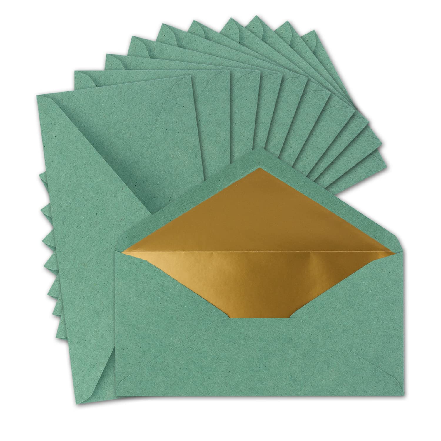 Neuser 400 buste vintage foderate in oro, formato DIN lungo, 110 x 220 mm, carta kraft eucalipto (verde) riciclata, con incollaggio a umido