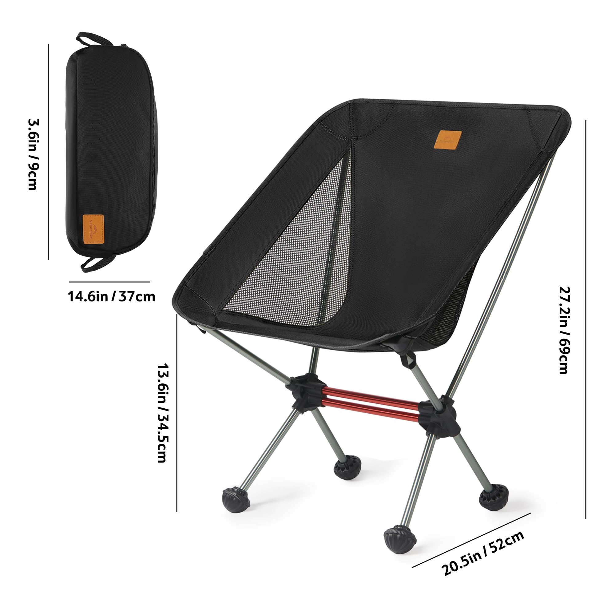 Naturehike Chaise de camping pliable et portable - Chaise de pêche ultra légère - Petite chaise pliante avec sac de transport pour camping, extérieur, randonnée (noir)