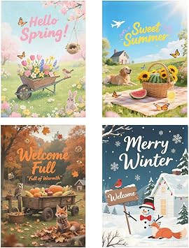 4 Pack Seasonal Garden Flags for Yard Outdoor Decoration 12 x 18 Inch Double-Sided Burlap Flags for Spring Summer Fall Winter, Rustic Seasonal Welcome House Yard Banner Set Thanksgiving Vertical Outdoor Garden Banner for Lawn Patio Porch Decor