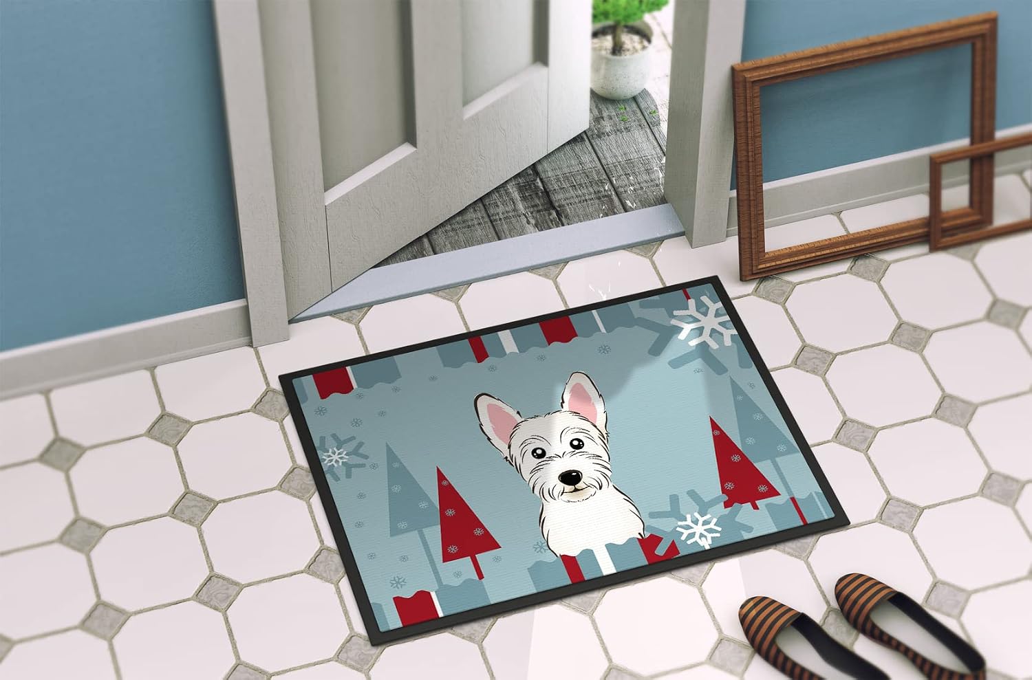 Caroline's Treasures BB1722JMAT Winter Holiday Westie Doormat 24x36 Front Door Mat Indoor Outdoor Rugs for Entryway, Non Slip Washable Low Pile, 24H X 36W