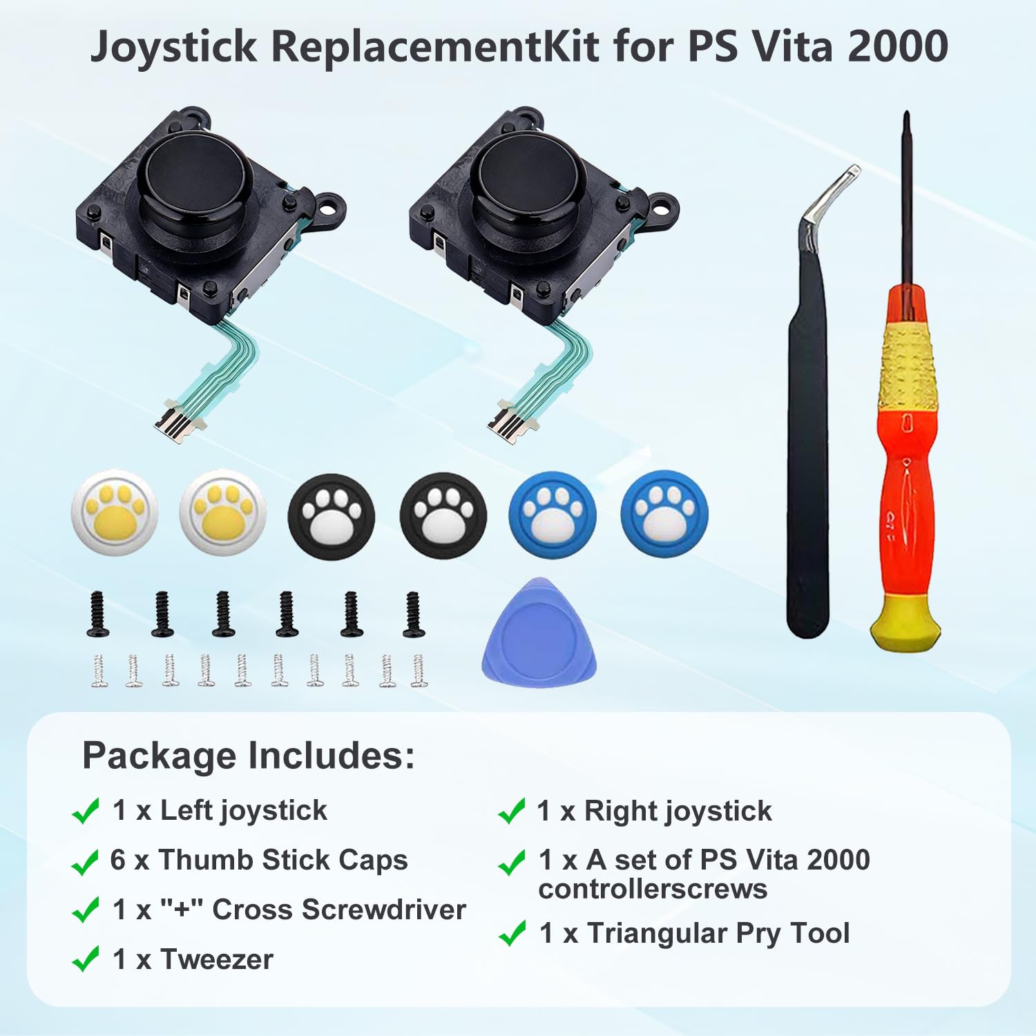 Treayes 2-Pack Joystick Replacement Kit for PlayStation PS Vita 2000 Slim, Upgrade Anti-Drift Analog Thumbstick,Analog Thumb Stick Repair Joystick Repair Tool kit for PS Vita 2000 Slim Console