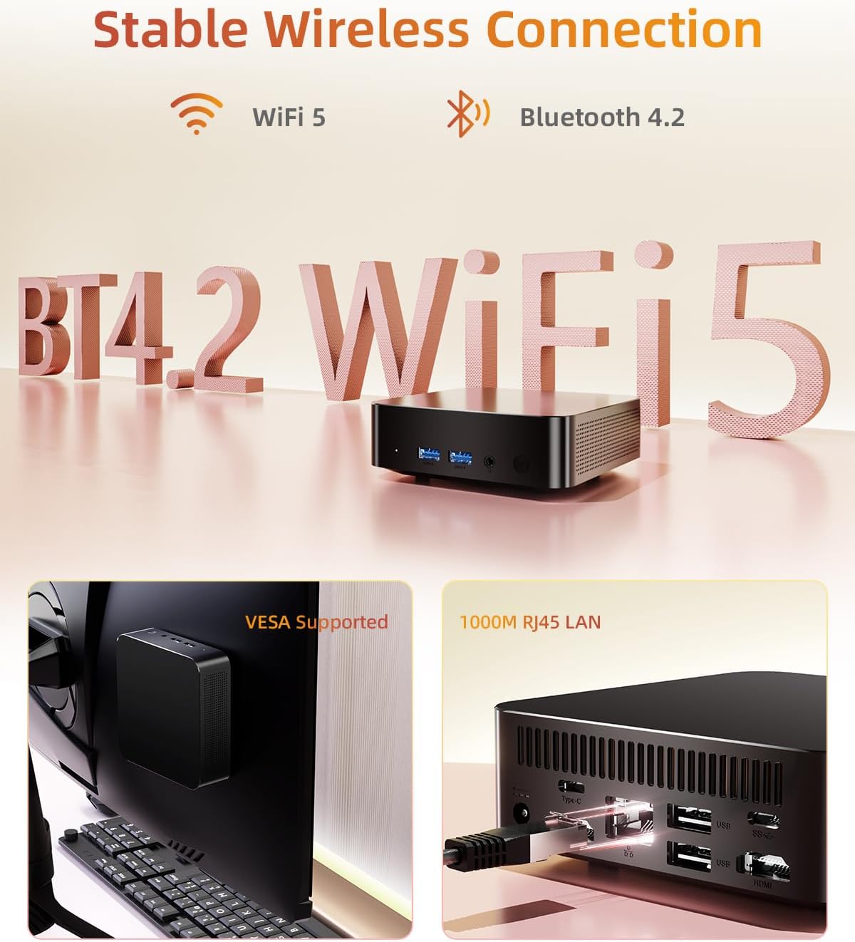 Mini PC N3150 (4C/4T, 2.08GHz Max) 8GB RAM 256GB SSD, 2X Type-c Mini Computer with 2x2K Display/WiFi 5/BT 4.2/RJ45 LAN/USB 3.0/6W TDP (1 Pcs)