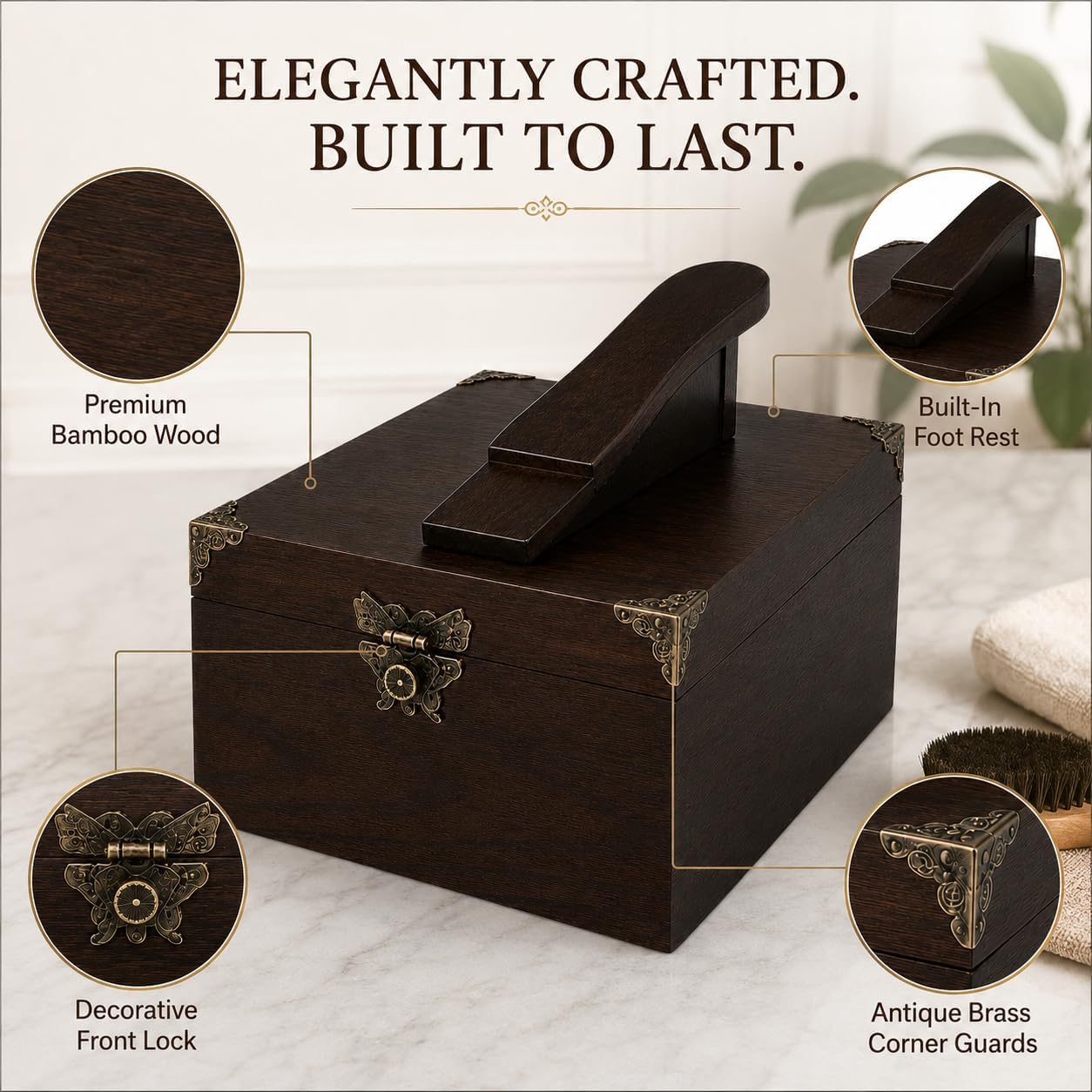 Bamboo Shoe Shine Box, Shoe Care Valet with Foot Rest and Storage