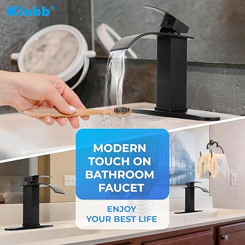 Miniatura 7 de Klabb Grifo de baño con boquilla de cascada negra, grifo de lavabo de baño de una sola manija, grifo mezclador de lavabo con placa de cubierta,