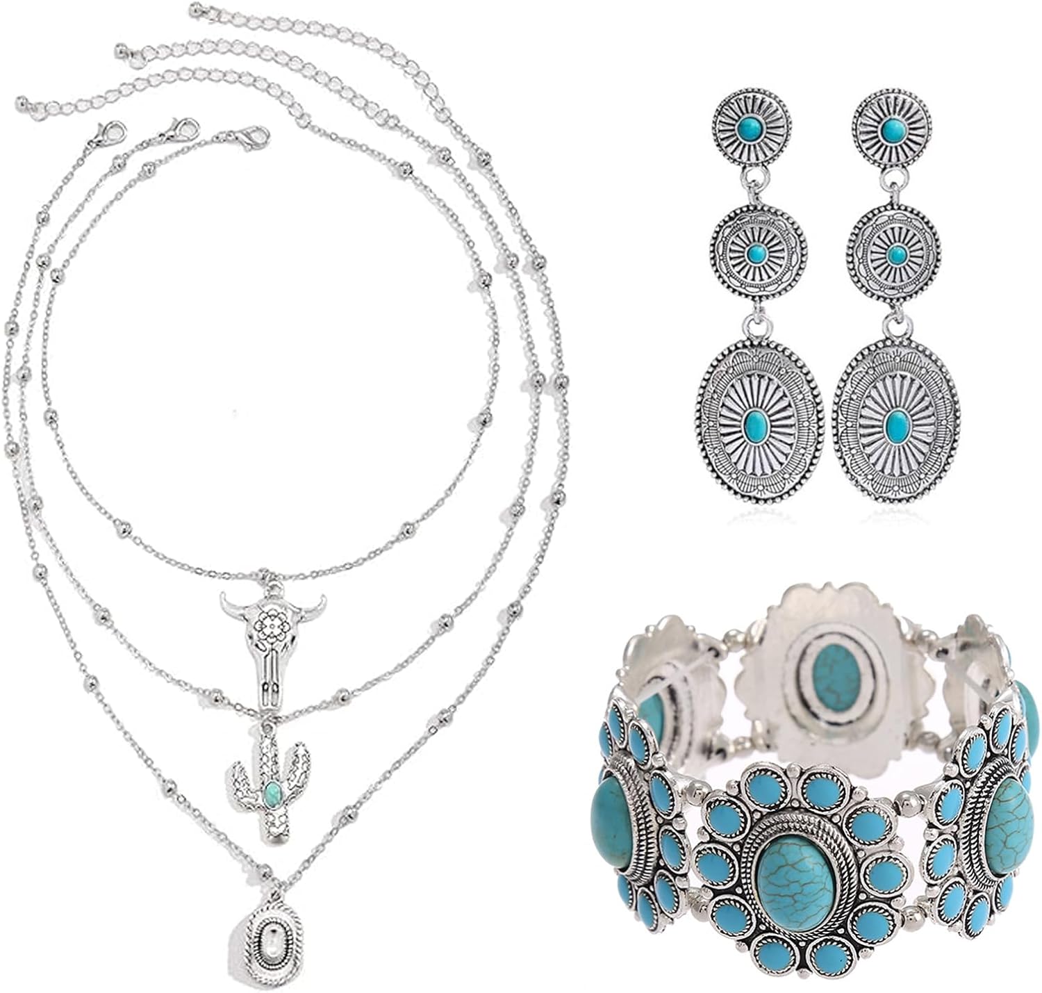 Misdary 3 Pcs Rustic Western Jewelry for Women Cowgirl Jewelry Set Turquoise Necklace Earrings Cuff Bangle Bohemian Bracelet for Women