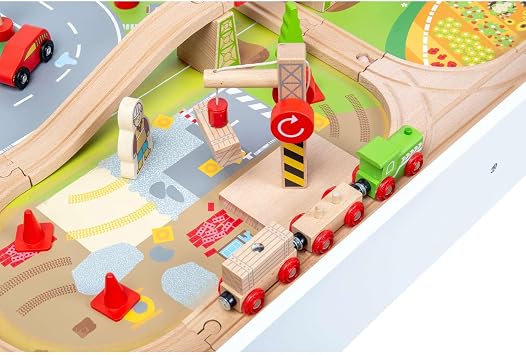 Bigjigs Rail Train Set & Table, 50 Piece Wooden Railway Playset