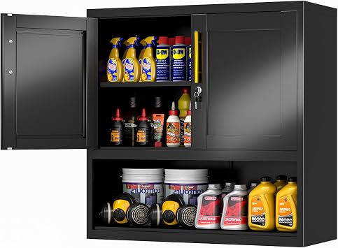 GAIOUS Metal Garage Wall Cabinet, Over Toilet Storage Black with Open Area, Wall Mounted Medicine Cabinet with 2 Doors and Adjustable Shelves, Metal Wall Cabinet for Tool Room, Office, Garag, Bathroom
