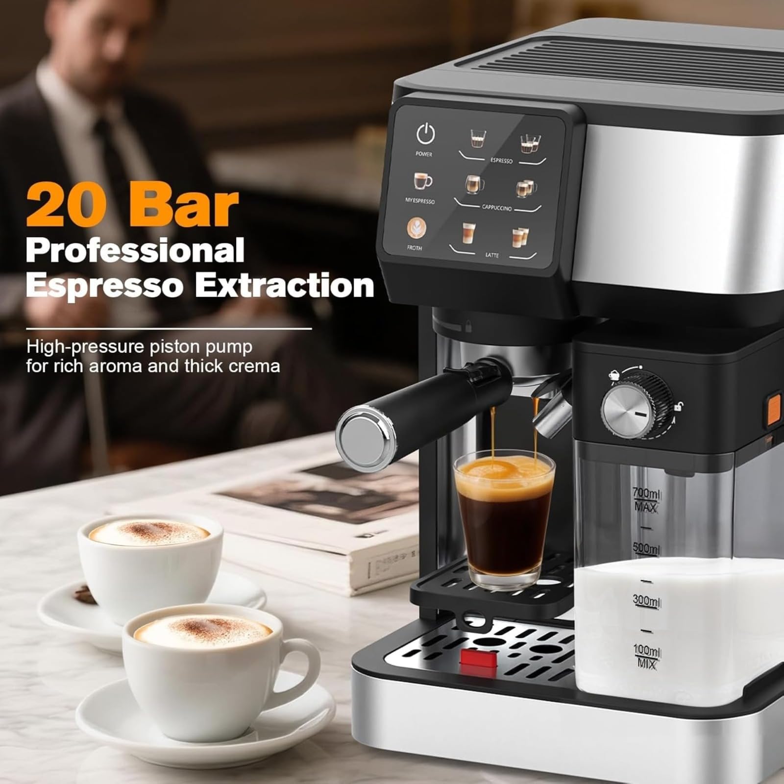 Macchina da caffè espresso, doppia caldaia, pompa da 20 bar, caffettiera One Touch, macchina per cappuccino, latte ed espresso, con montalatte, serbatoio dell'acqua da 2 litri, contenitore per latte