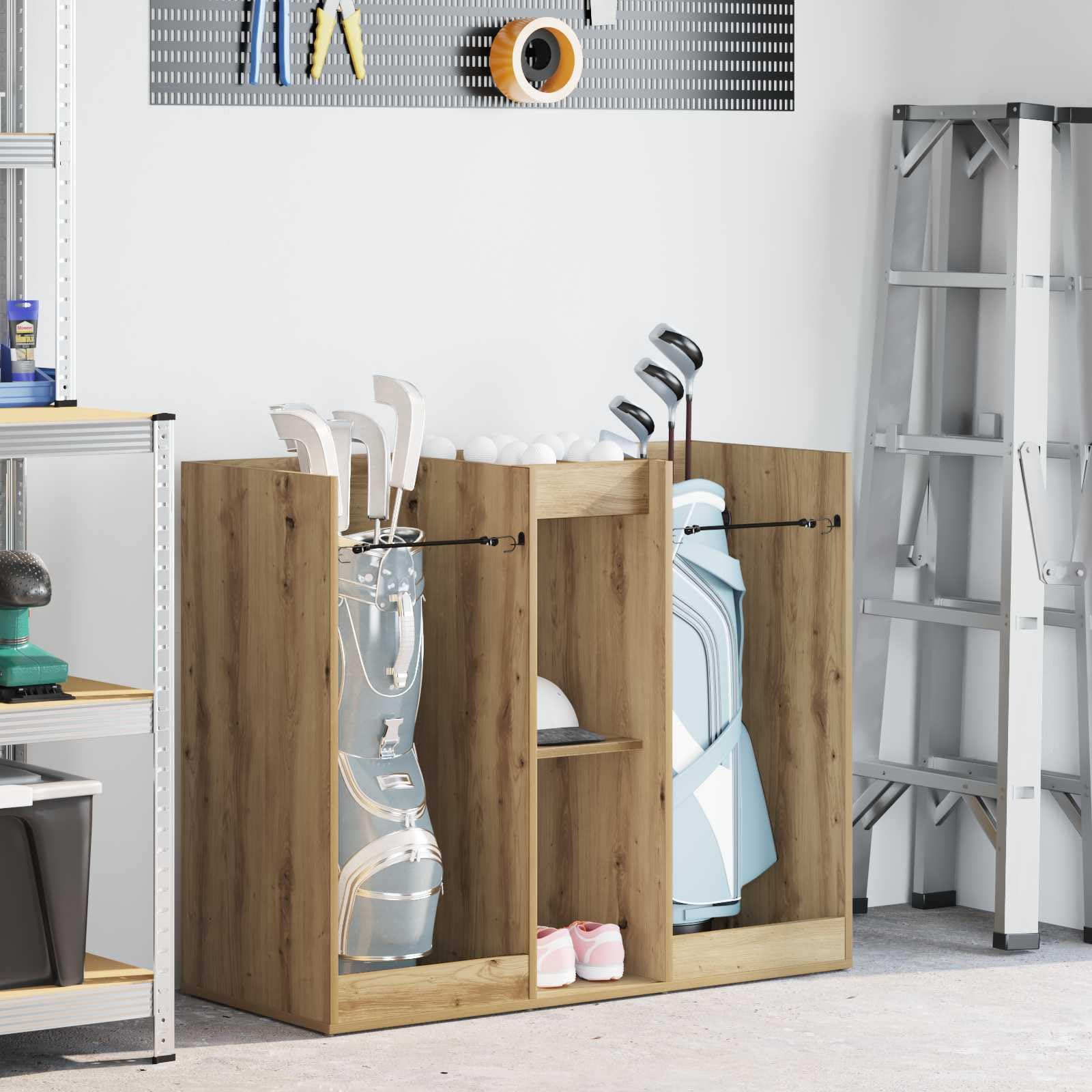 Golf Schrank Uni Artisan-Eiche 102 x 45 x 85,5 cm mit viel Stauraum, langlebigem Holz, stabilem Metallrahmen, ideal für Garagen, moderne Aufbewahrungslösung für Golfzubehör, Organisation
